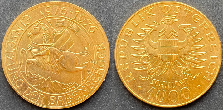 Austria 1976 1000s Bebenburg fine gold 0.9000pure. 13.5000grams.