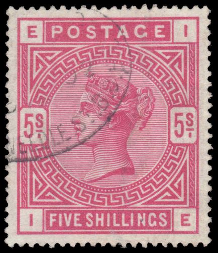 1883-84 5/- rose white paper very fine used. Almost imperceptible ironed out crease only mentioned for acuracy.