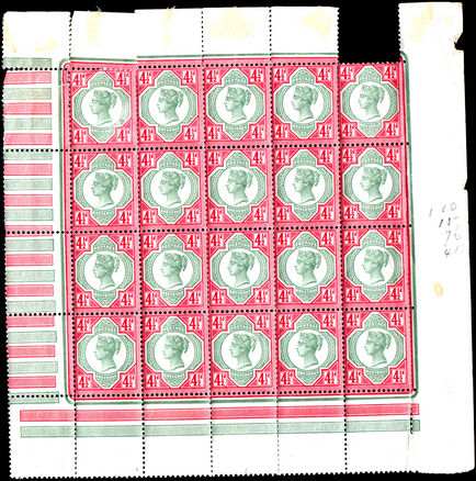 1887-1900 4½d green and carmine unmounted pane. Not perfect so please enquire before purchase.