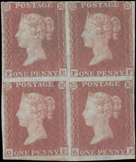 1841 1d red-brown in fine unused no gum block of 4. 4 good margins all round. Fine appearance.