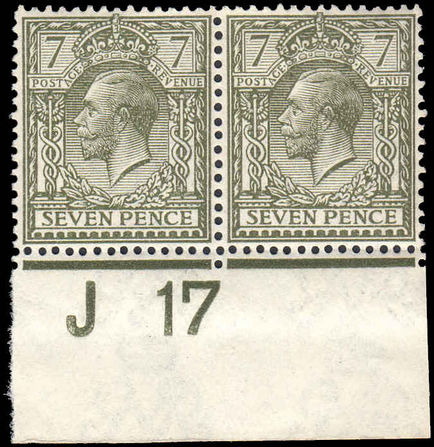 1913 7d Olive cylinder J17 imperf pair unmounted mint (hinged on margin).