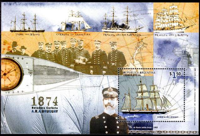 Argentina 1999 125th Anniversary of Launch of Uruguay (sail/steam corvette) souvenir sheet unmounted mint.