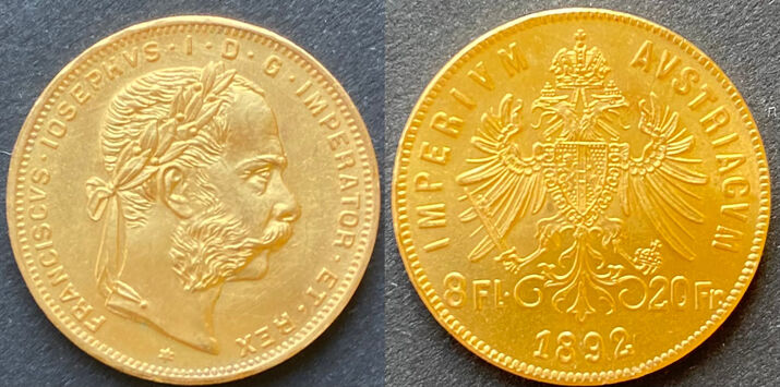 Austria 1892 8f-20f restrike. Fine gold 0.9000 pure. 6.4516 grams.