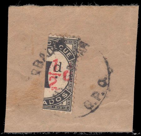 Barbados 1934 ½d on 1d Postage Due bisect on piece