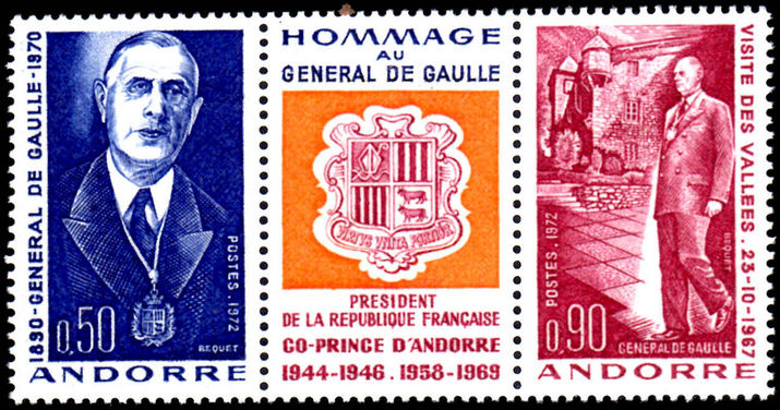 French Andorra 1972 De Gaulle strip unmounted mint.