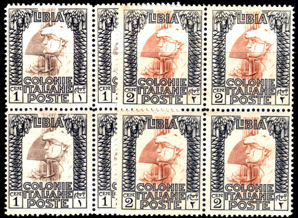 Libya 1921 perf 14 x13  1c & 2c blocks of unmounted mint.