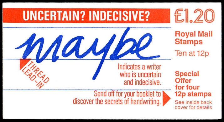 1986 £1.20 booklet Graphology 'Maybe' left