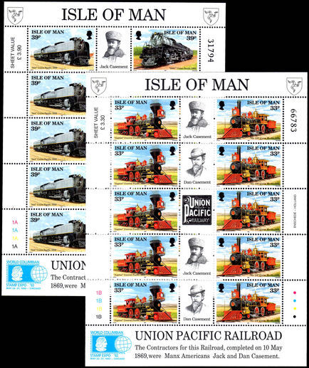 Isle of Man 1992 Construction of the Union Pacific Railroad sheetlets unmounted mint.