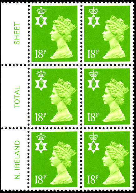 Northern Ireland 1971-93 18p bright green perf 14 Questa Litho block of 6 unmounted mint.