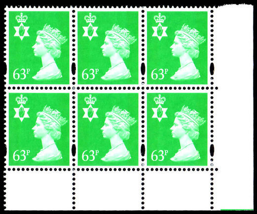 Northern Ireland 1993-2000 63p light emerald photo Harrison elliptical perf. Block of 6 unmounted mint. 