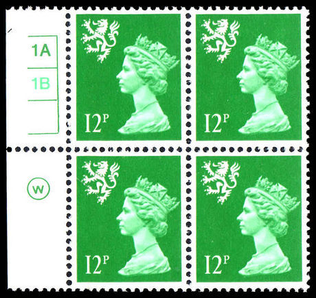 Scotland 1971-93 12p bright emerald Litho Waddington block of 4 unmounted mint.