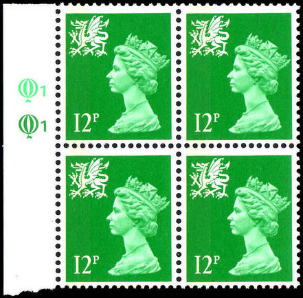 Wales 1971-93 12p bright emerald Litho Questa. Block of 4.