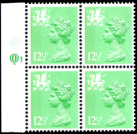 Wales 1971-93 12½p light emerald perf 15x14 Litho Questa block of 4 unmounted mint.