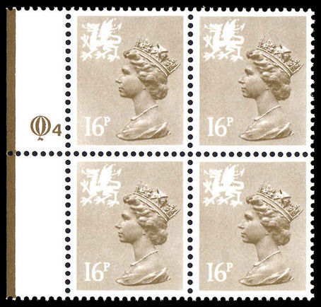 Wales 1971-93 16p drab perf 15x14 Litho Questa block of 4 unmounted mint.