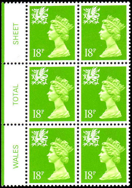 Wales 1971-93 18p bright green centre band perf 14 Litho Questa block of 6 unmounted mint.