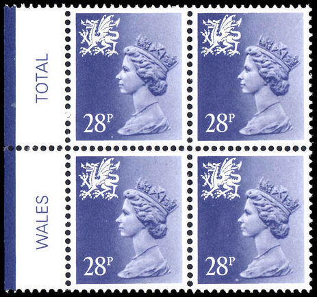 Wales 1971-93 28p deep violet blue perf 15x14 Litho Questa block of 4 unmounted mint.