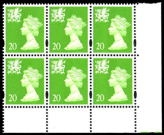 Wales 1997-98 20p Bright green centre band without p block of 6 unmounted mint.