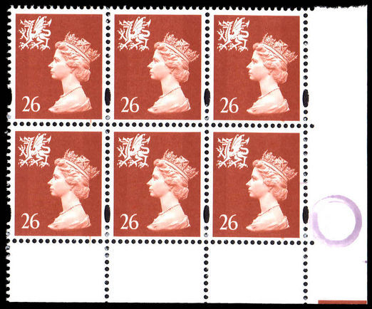 Wales 1997-98 26p chestnut without p block of 6 unmounted mint.