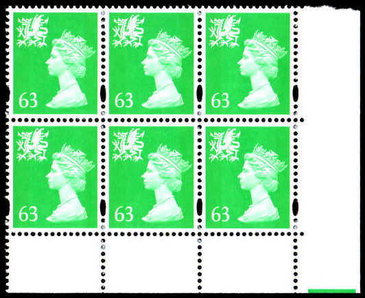 Wales 1997-98 63p light emerald without p block of 6 unmounted mint.