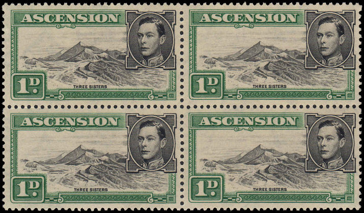 Ascension 1949 1d Three Sisters unmounted mint block of 4 the top right showing Re-entry on frame-line.
