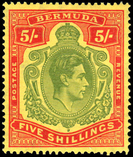 Bermuda 1938-53 5/- green & red on yellow fine mint lightly hinged.