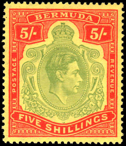 Bermuda 1938-53 5/- pale green & red on yellow fine mint with a hint of a hinge mark.