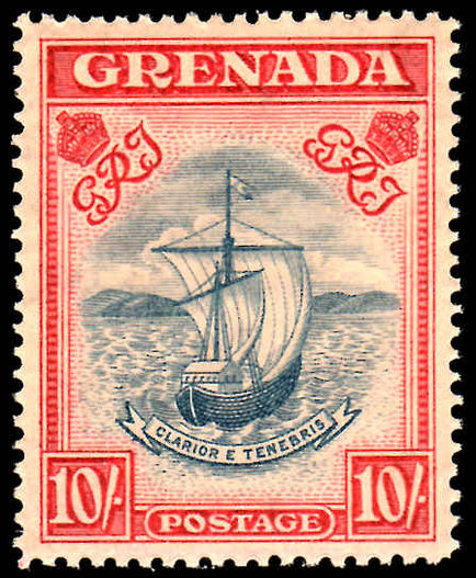 Grenada 1938-50 10/- perf 14 slate blue & bright carmine unmounted mint overall toned.