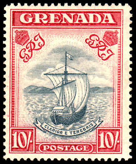 Grenada 1938-50 10/- perf 14 slate blue & bright carmine mint lightly hinged.