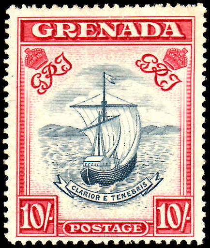 Grenada 1938-50 10/- perf 14 slate blue & carmine-lake mint lightly hinged.