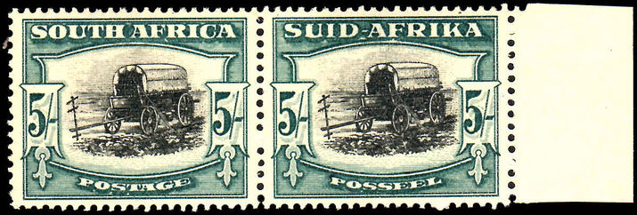South Africa 1944 5/- Ox-wagon blue-green roto fine mint lightly hinged.