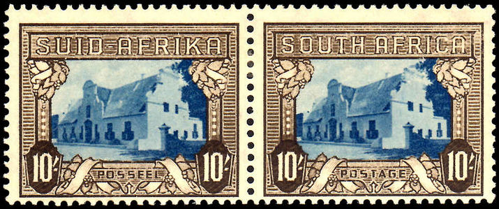 South Africa 1939 10/- blue & sepia mint hinged. Slight surface scuffing.
