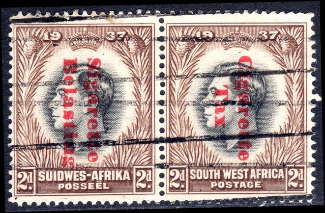 South West Africa 1937 2d Coronation pair Cigarette Tax pair fine used.