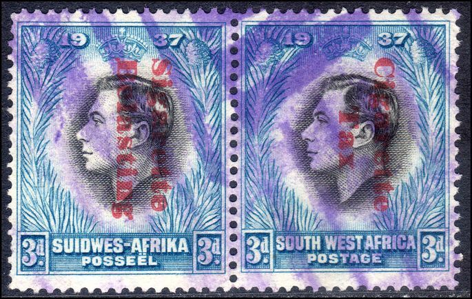 South West Africa 1937 3d Coronation pair Cigarette Tax pair fine lightly mounted mint.