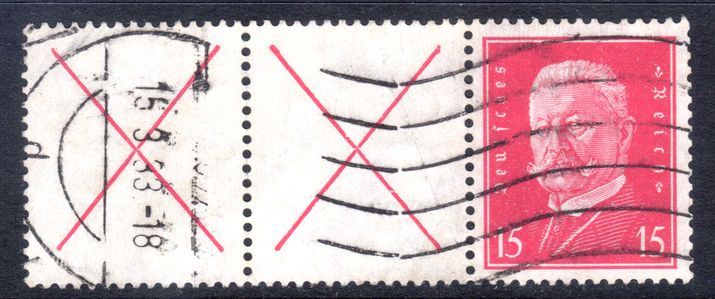 Third Reich 1928-32 Hindenburg 15pf + 2x cross labels fine used.