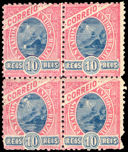 Brazil 1897 10r blue and rose block of 4 unmounted mint.