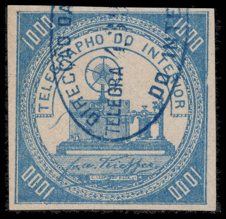 Brazil 1869 1000r light blue telegraph without control fine used.