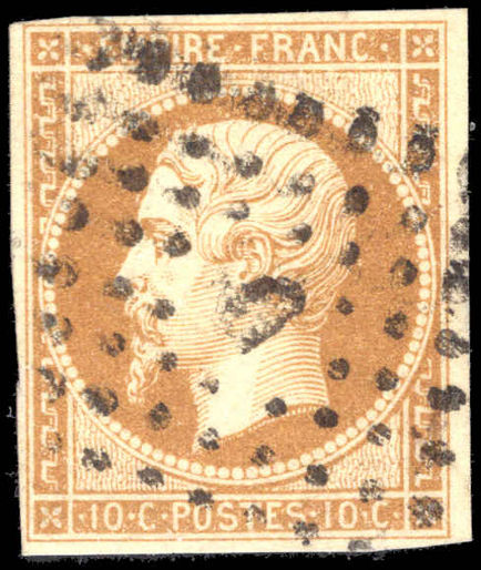 France 1853-61 10c yellowish bistre on yellow die II fine impression 4 margins fine used.