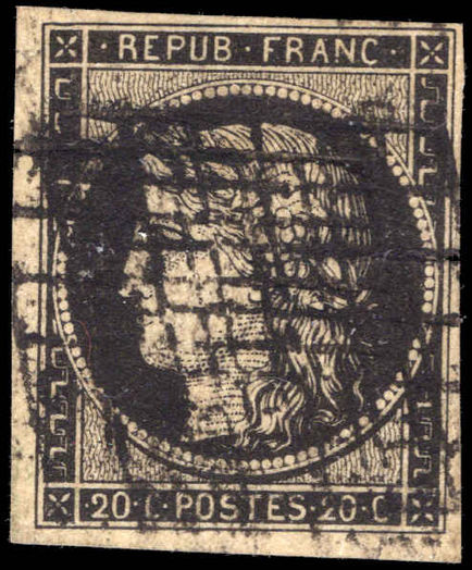 France 1849-52 20c black on yellowish paper (surface only) 4 margins fine used.