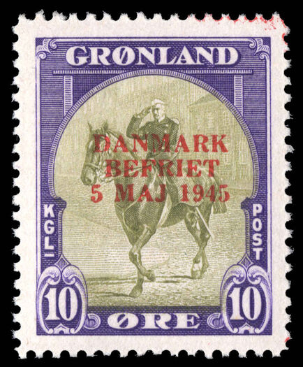Greenland 1945 Liberation 10ø  olive and purple with RARE RED OVERPRINT unmounted mint.