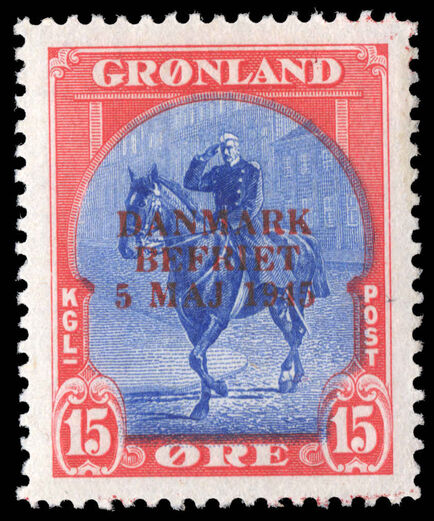 Greenland 1945 Liberation 15ø  blue and red with red overprint unmounted mint.