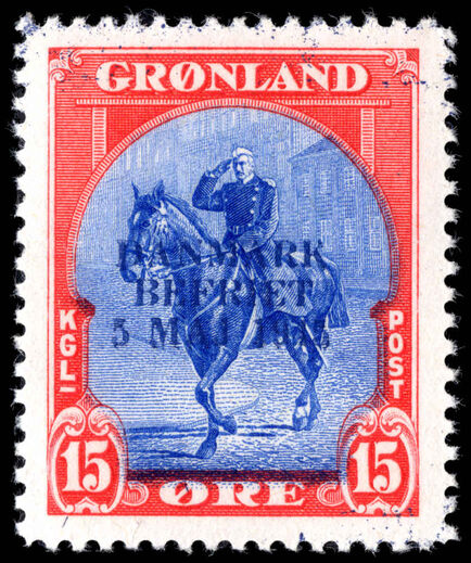 Greenland 1945 Liberation 15ø  blue and red with RARE BLUE OVERPRINT unmounted mint.