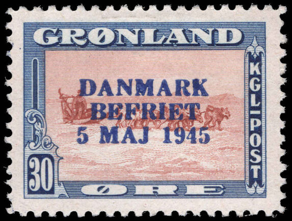 Greenland 1945 Liberation 30ø  red-brown and blue with blue overprint lightly mounted mint.