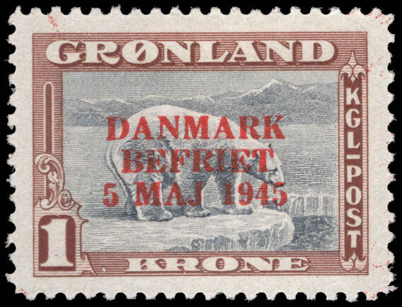 Greenland 1945 Liberation 1kr grey and brown with red overprint lightly mounted mint.