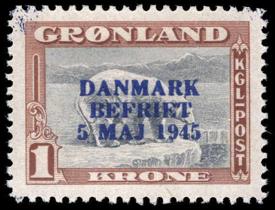 Greenland 1945 Liberation 1kr grey and brown with RARE BLUE OVERPRINT unmounted mint.
