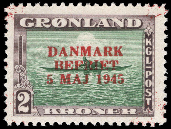 Greenland 1945 Liberation 2kr green and sepia with red overprint lightly mounted mint.