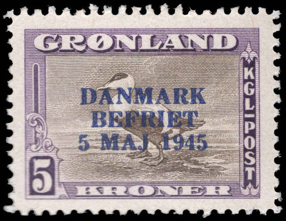 Greenland 1945 Liberation 5kr brown and purple with blue overprint lightly mounted mint.