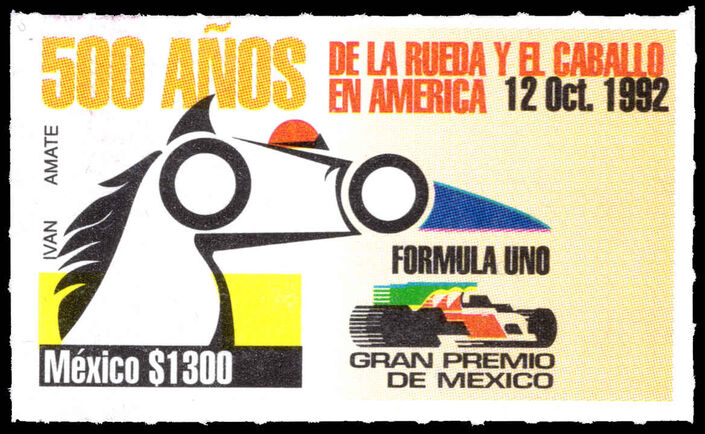 Mexico 1992 500th Anniversary of the Wheel and the Horse in America. Mexico Formula 1 Grand Prix unmounted mint.