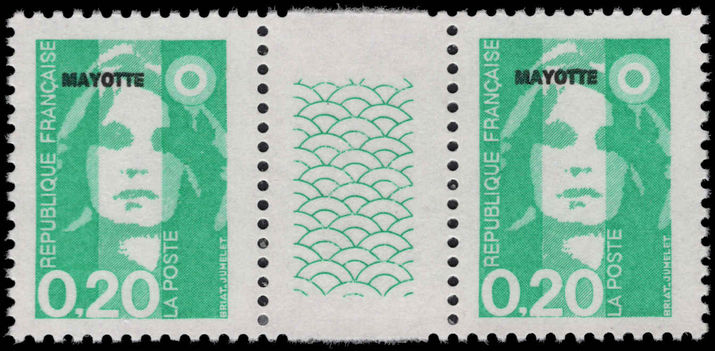 Mayotte 1997 20c bright blue-green gutter pair unmounted mint.