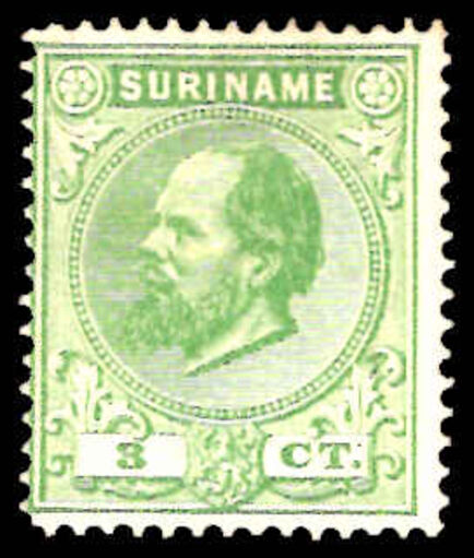 Suriname 1873-88 3c green perf 14 small holes lightly mounted mint.