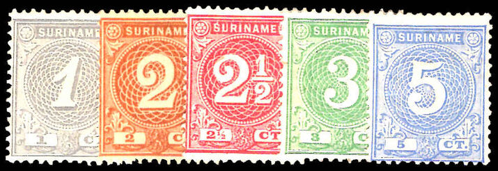 Suriname 1890-1900 perf 12½ set mixed mounted mint and no gum.